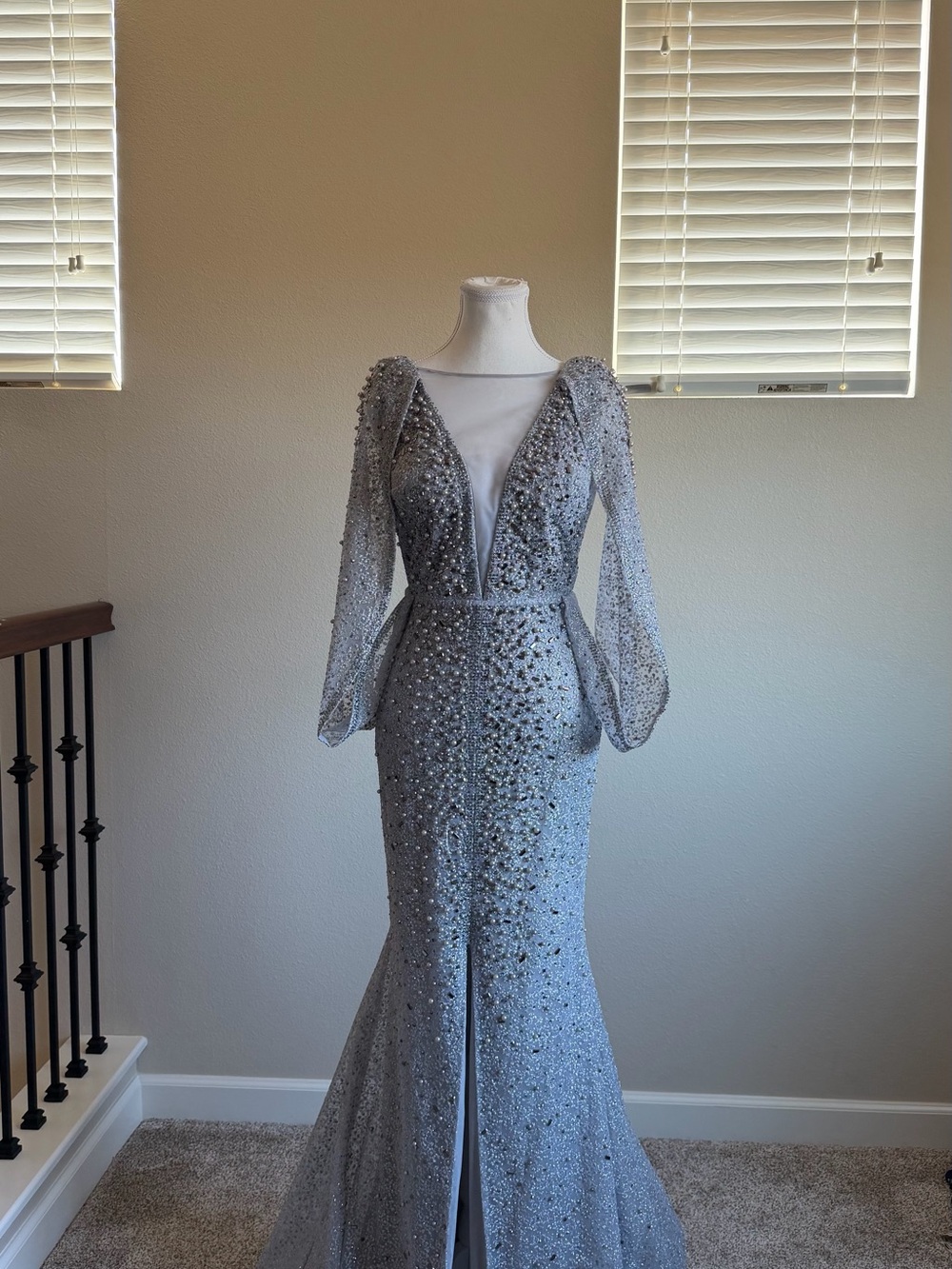 Embellished Silver Evening Gown with Plunging V-Neck - Picture 2 of 5